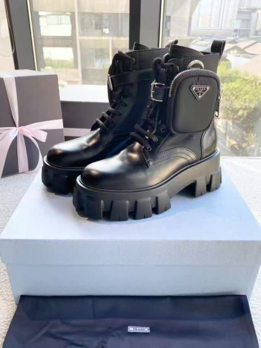 Prada Black Leather Platform Ankle Boots